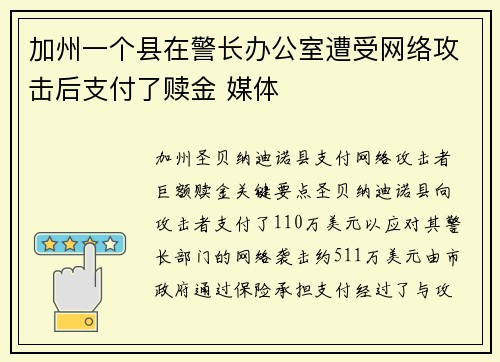 加州一个县在警长办公室遭受网络攻击后支付了赎金 媒体